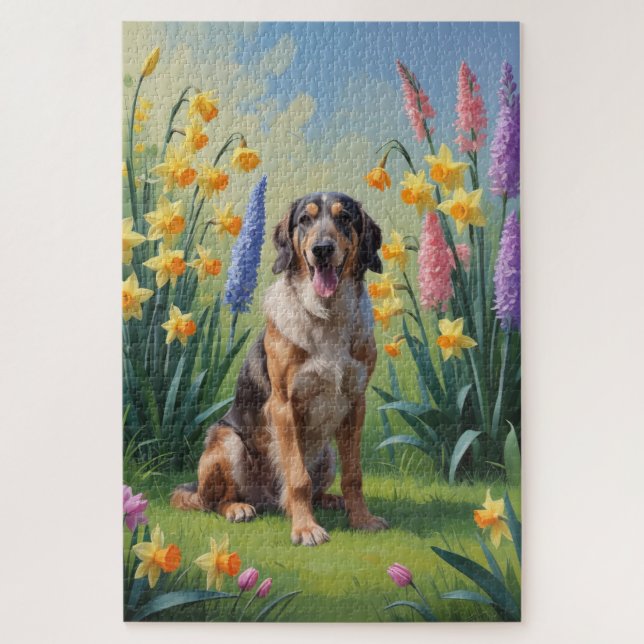 Quebra-cabeça Pintura de Flores de Primavera do Cão Lobo Hound (Vertical)