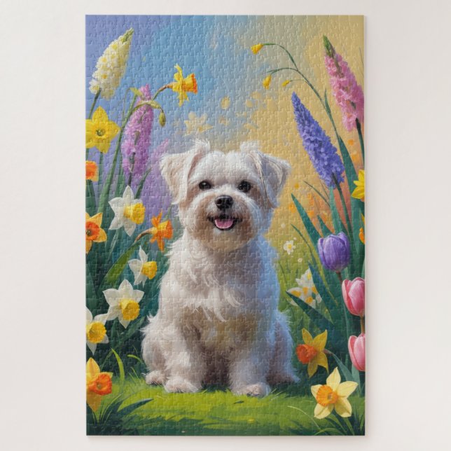 Quebra-cabeça Pintura de Flores de Primavera do Cão Maltês (Vertical)