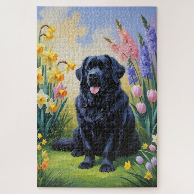 Quebra-cabeça Pintura de Flores de Primavera do Cão Newfoundland (Vertical)
