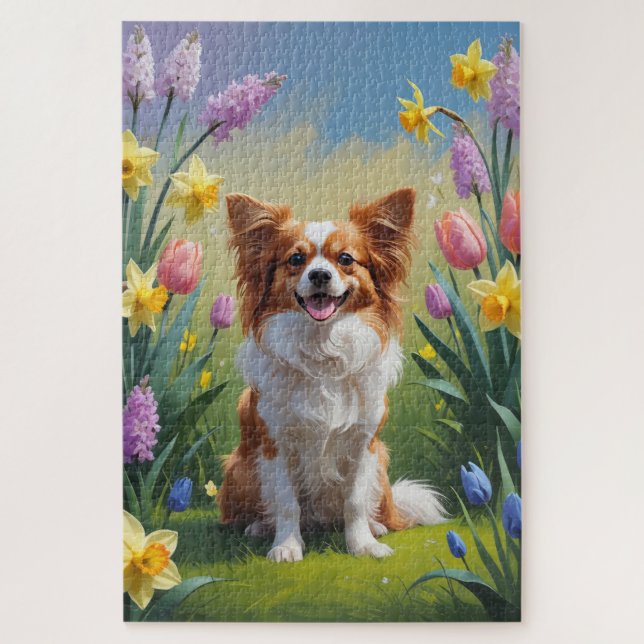 Quebra-cabeça Pintura de Flores de Primavera do Cão Papillon  (Vertical)