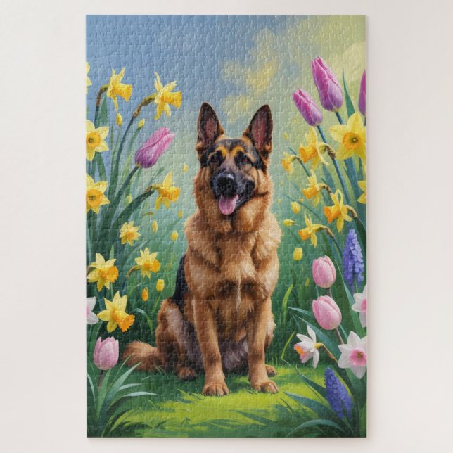 Quebra-cabeça Pintura de Flores de Primavera do Cão Pastor Alemã (Vertical)