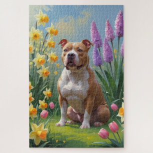 Quebra-cabeça Pintura de Flores de Primavera do Cão Pitbull