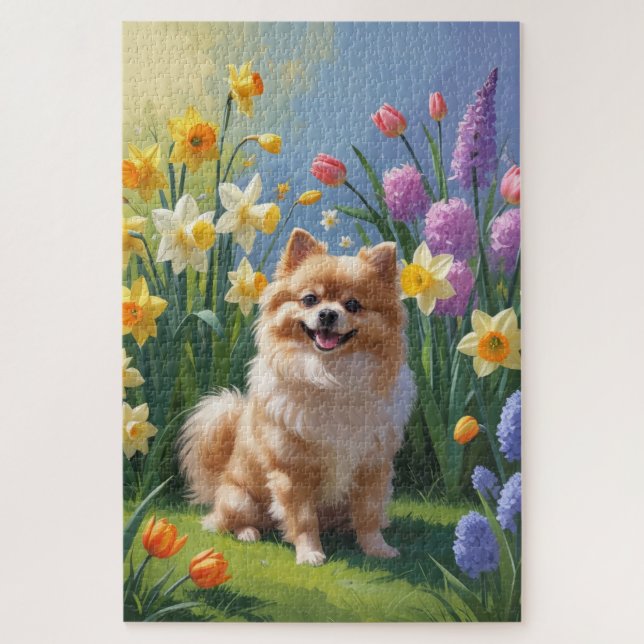 Quebra-cabeça Pintura de Flores de Primavera do Cão Pomerânia  (Vertical)