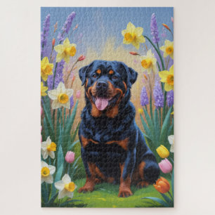 Quebra-cabeça Pintura de Flores de Primavera do Cão Rottweiler