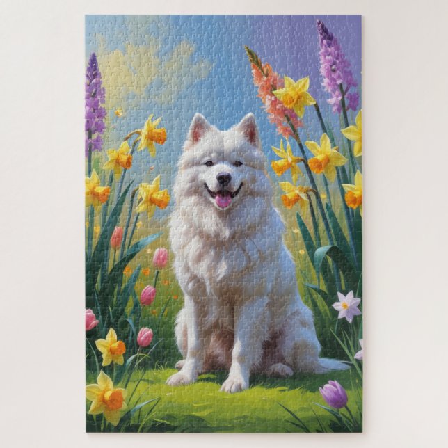 Quebra-cabeça Pintura de Flores de Primavera do Cão Samoyed (Vertical)