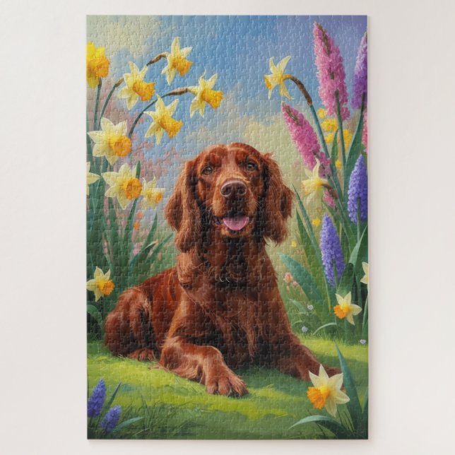 Quebra-cabeça Pintura de Flores de Primavera do Cão Setter Verme (Vertical)