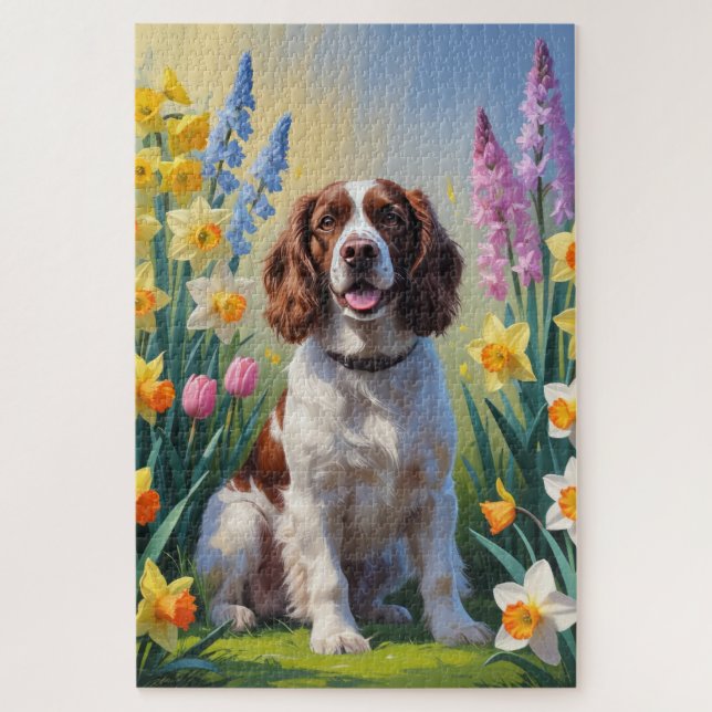 Quebra-cabeça Pintura de flores de primavera do cão Springer Spa (Vertical)