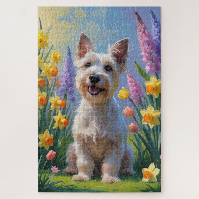 Quebra-cabeça Pintura de Flores de Primavera do Cão Terrier Esco (Vertical)