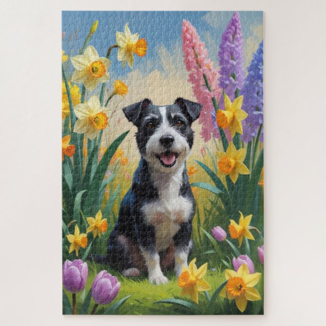 Quebra-cabeça Pintura de Flores de Primavera do Cão Terrier Rato (Vertical)