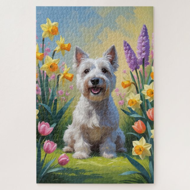Quebra-cabeça Pintura de flores de primavera do cão Terrier Skye (Vertical)