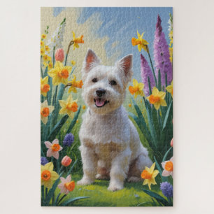 Quebra-cabeça Pintura de Flores de Primavera do Cão Terrier Tibe