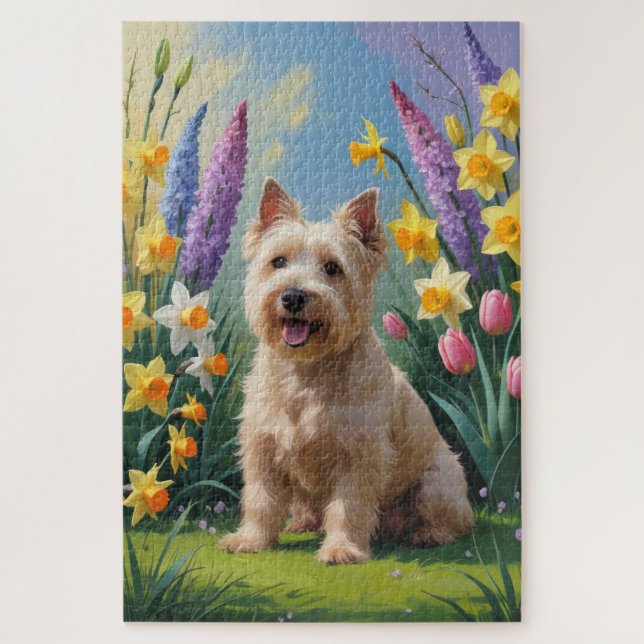 Quebra-cabeça Pintura de Flores de Primavera do Cão Terrier Whea (Vertical)