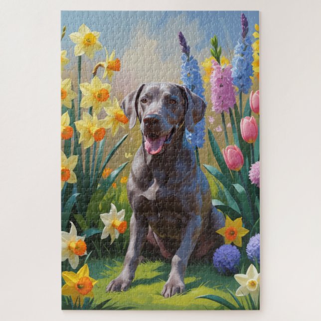 Quebra-cabeça Pintura de Flores de Primavera do Cão Weimaraner (Vertical)