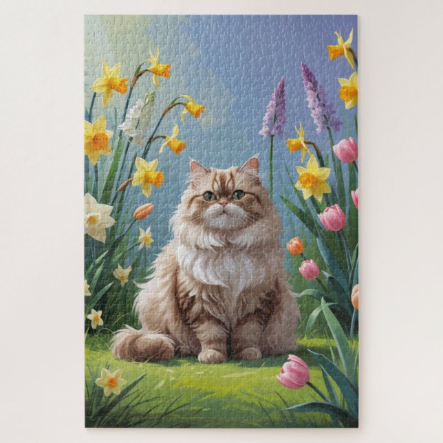 Quebra-cabeça Pintura de Flores de Primavera do Gato Persa (Vertical)