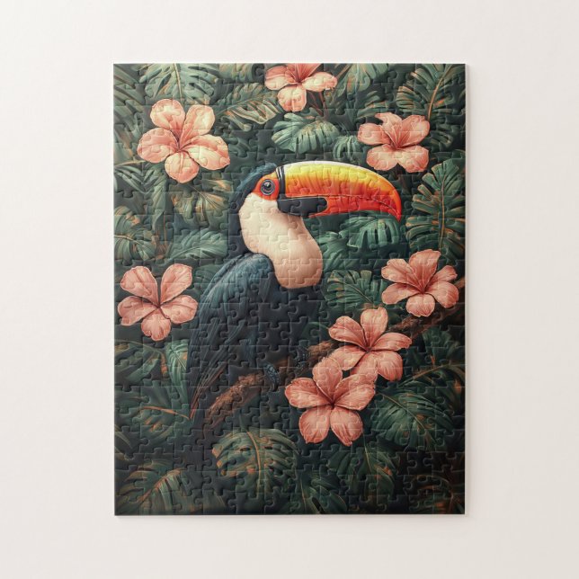Quebra-cabeça Pintura de Flores Tropicais Toucanas (Vertical)