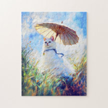 Pintura de Gato Branco com Guarda-Sol em Campo de 