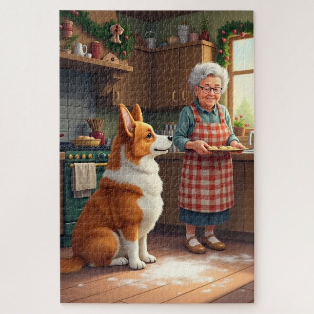 Quebra-cabeça Pintura de Natal da Corgi Assando com a Vovó (Vertical)