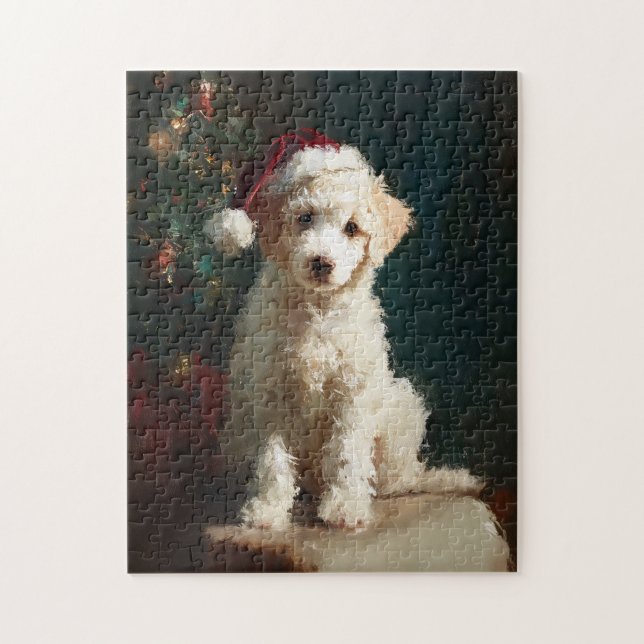 Quebra-cabeça Pintura de Natal de Cachorrinho Poodle Branco (Vertical)