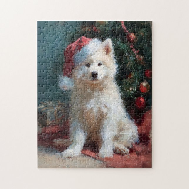 Quebra-cabeça Pintura de Natal de Cachorrinho Samoyed (Vertical)