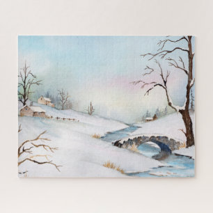 Quebra-cabeça Pintura de Paisagem de Aquarela da Ponte Snowy