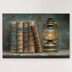 Quebra-cabeça Pintura de Pilha de Livros Antigos Parede de Bibli