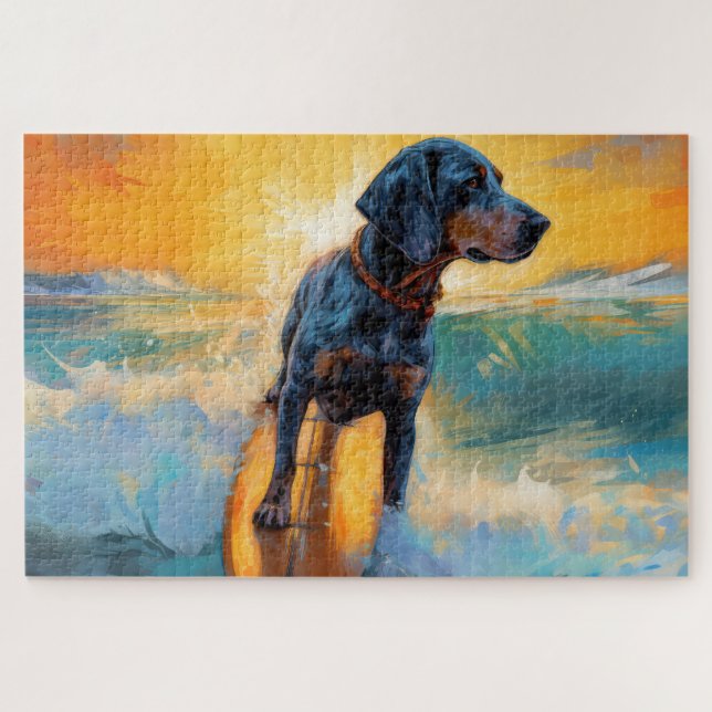 Quebra-cabeça Pintura de Surf na Praia com Bluetick Coonhound (Horizontal)