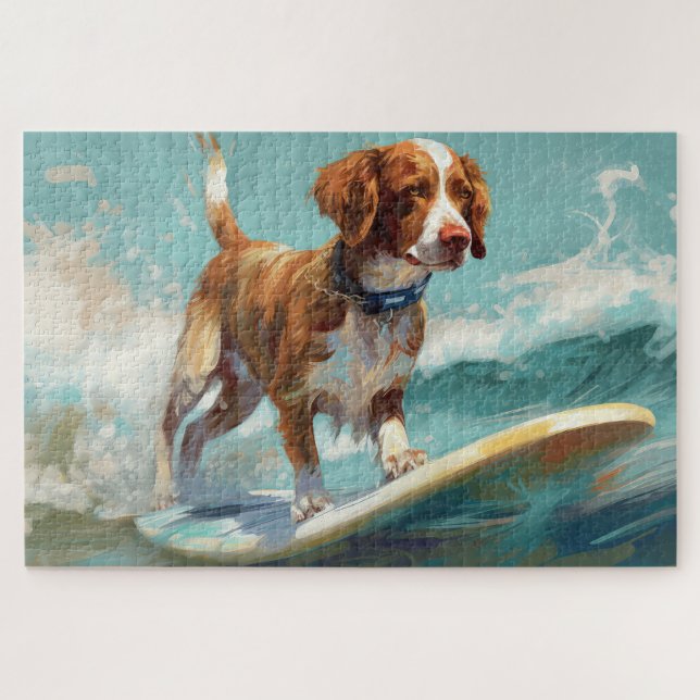 Quebra-cabeça Pintura de Surf na Praia com Brittany Spaniel (Horizontal)