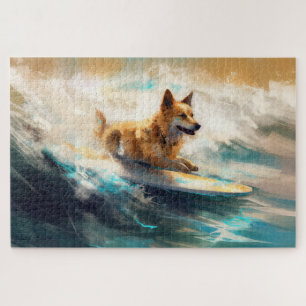 Quebra-cabeça Pintura de Surf na Praia com Finnish Lapphund