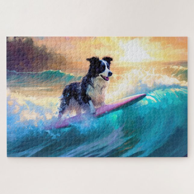 Quebra-cabeça Pintura de Surf na Praia do Border Collie (Horizontal)