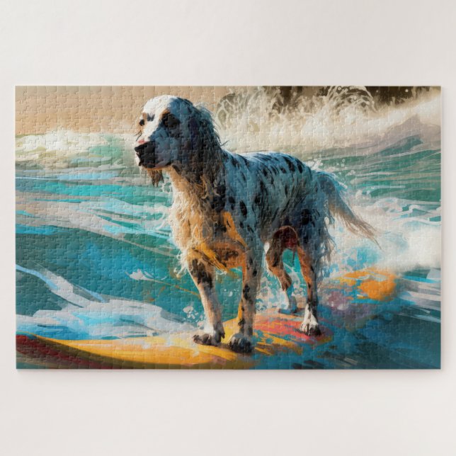 Quebra-cabeça Pintura de Surf na Praia do Setter Inglês (Horizontal)
