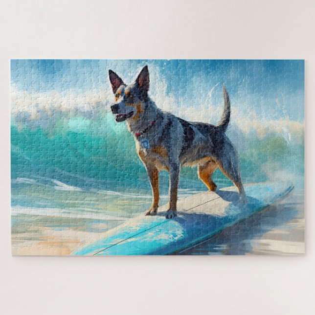 Quebra-cabeça Pintura de Surfe em Praia Blue Heeler (Horizontal)
