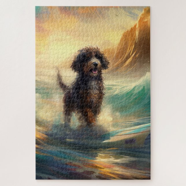 Quebra-cabeça Pintura de surfe na praia de Bernedoodle (Vertical)