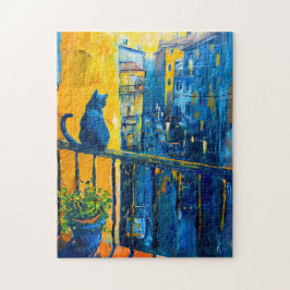 Quebra-cabeça Pintura de um Gato na Balcony Railing, cidade assi