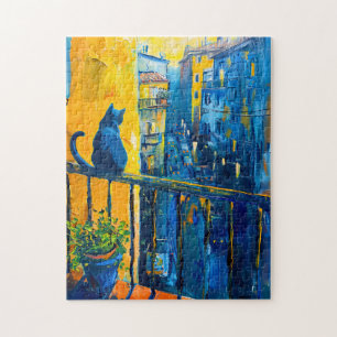 Quebra-cabeça Pintura de um Gato na Balcony Railing, cidade assi