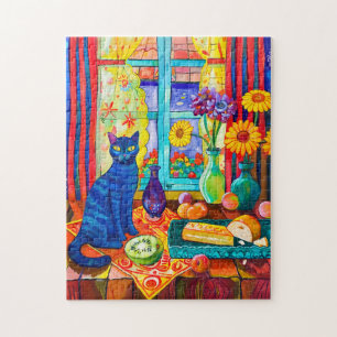 Quebra-cabeça Pintura de um Gato na Mesa da Cozinha por Janela