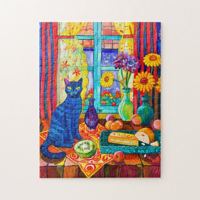 Quebra-cabeça Pintura de um Gato na Mesa da Cozinha por Janela (Vertical)