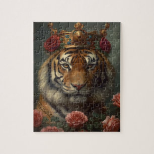 Quebra-cabeça Pintura de um tigre com uma coroa e Rosas