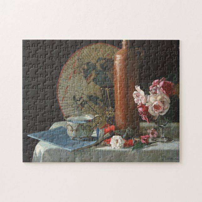 Quebra-cabeça Pintura de vida estática com fã e rosas (Horizontal)