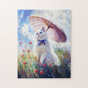 Quebra-cabeça Pintura do Gato Branco com Guarda-Sol em Campo de