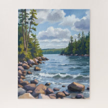 Pintura em Aquarela da Margem do Lago Tahoe Tranqu