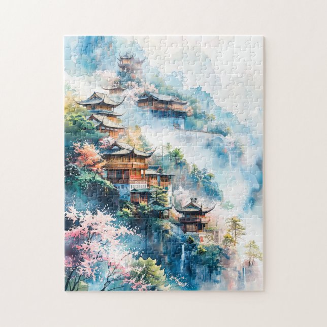 Quebra-cabeça Pintura em aquarela de templos chineses (Vertical)