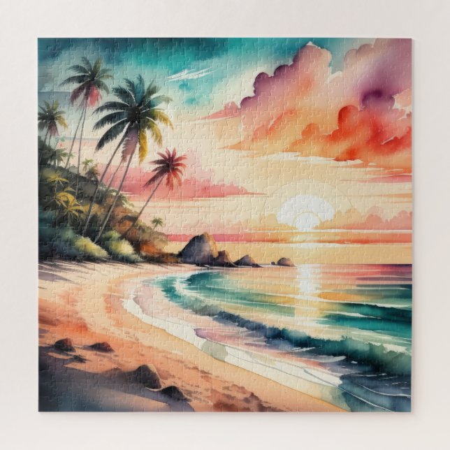 Quebra-cabeça Pintura em aquarela do Sunset Tropical de Praia (Vertical)