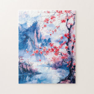 Quebra-cabeça Pintura em aquarela montanha chinesa sakura