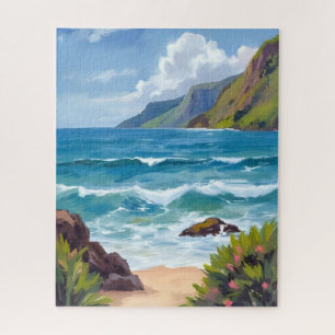 Quebra-cabeça Pintura em Aquarela Ondas Azuis da Costa do Oceano