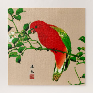 Quebra-cabeça Pintura japonesa de papagaio, vermelho e verde