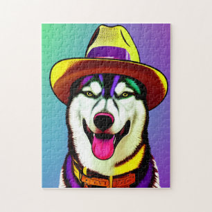 Quebra-cabeça Pintura pop de um cão Rouco Vestindo um chapéu