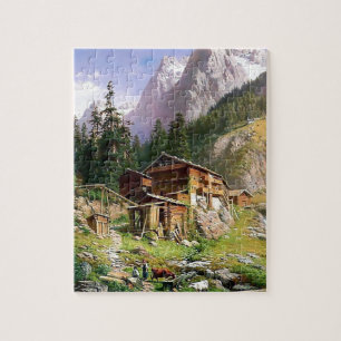 Quebra-cabeça Pintura suíça da cabana rústica de madeira dos