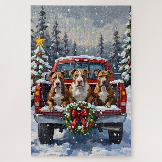 Quebra-cabeça Pitbull Caminhão Vermelho Natal Férias (Vertical)