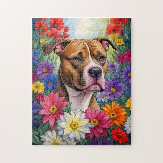 Quebra-cabeça Pitbull no Jardim Flor (Vertical)