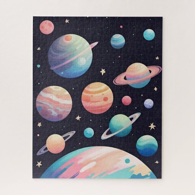 Quebra-cabeça Planetas coloridos de Pastel no espaço escuro (Vertical)